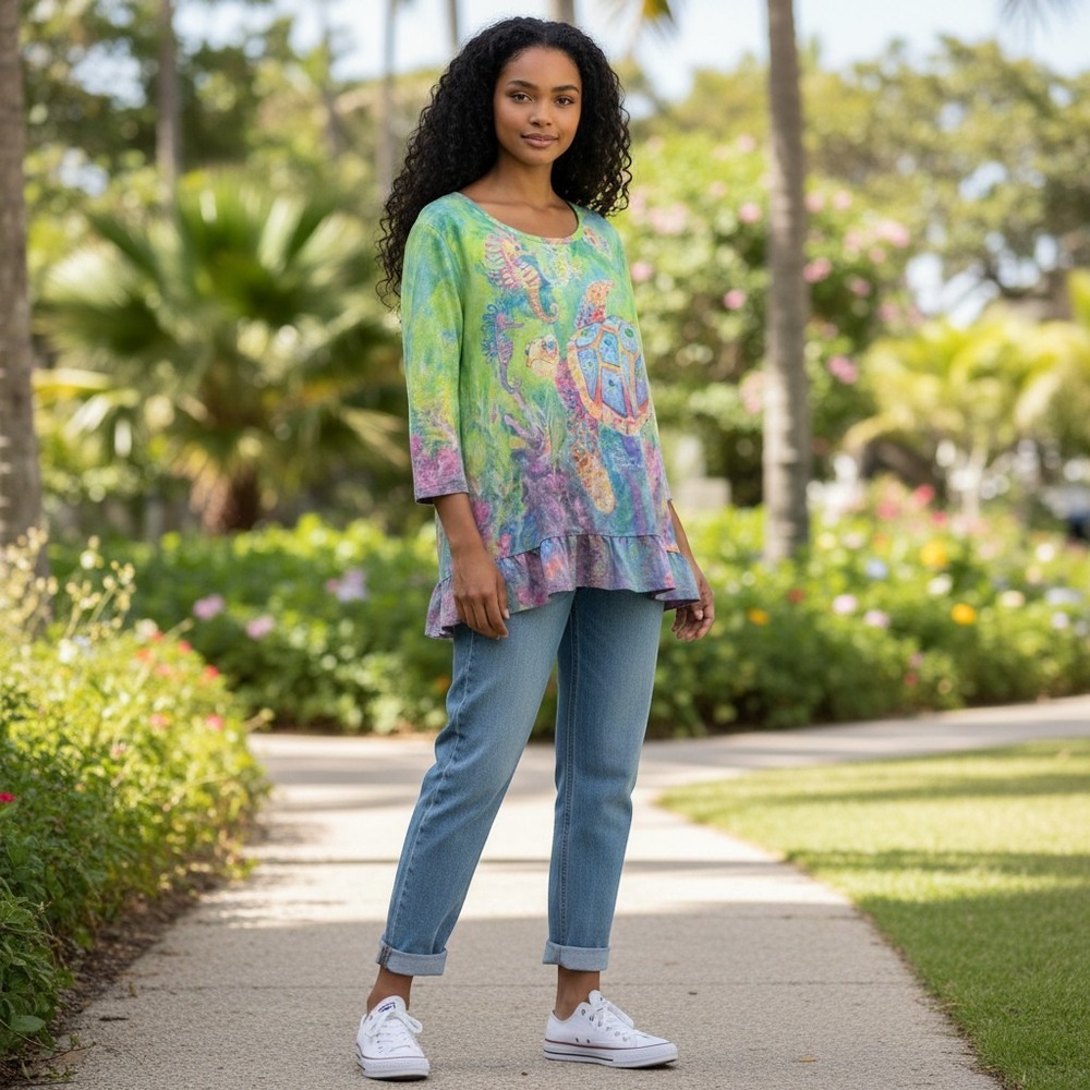 Leoma Lovegrove Top XL Multicolor Excellent Sea Turtle Seahorse Ruffle Hem